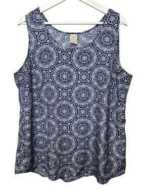 Faded Glory Womens 1X Blue Medallion Print Sleeveless Tank Shell Top Plus